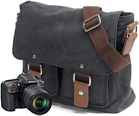 peacechaos Men's Canvas Camera Bag Leather DSLR SLR Camera Case Vintage Camera Messenger Bag Shoulder Bag Sling Bag (Dark Grey)