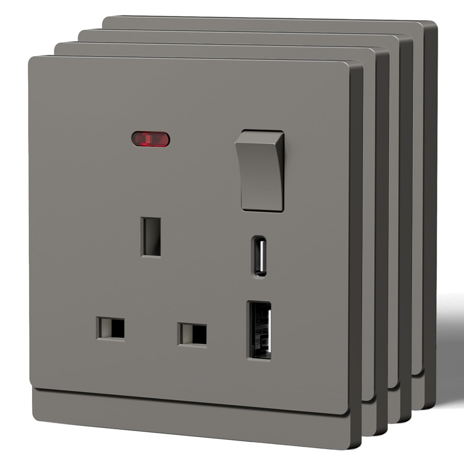 BSEED Single Socket with USB C,Tactile Finish Switched Wall Sockets,13A Electric Power Outlet,Individual Control & LED Indicator,Designer Wall Plate,Single-4 Pack,86mm Grey