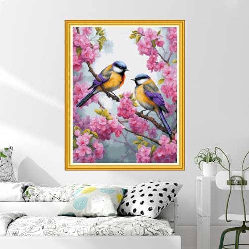 Image of DMCVIVR Stamped Cross Stitch Kits for Beginners Adults Needlepoint Kits for Beginners Embroidery Kits for Adults Crossstitch Kit for Beginners 11CT-Pink Flower Bird 16x20 inch