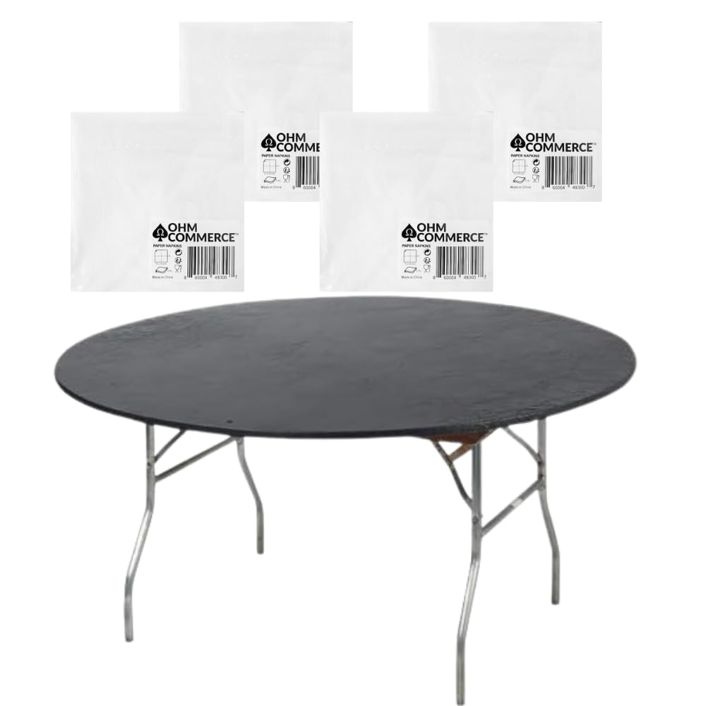 Kwik-Covers 60" Black Round Fitted Plastic Table Covers, Bundle of 20 with Two Hundred Eighty (280) Ohm Commerce Paper Napkins - Indoor or Outdoor