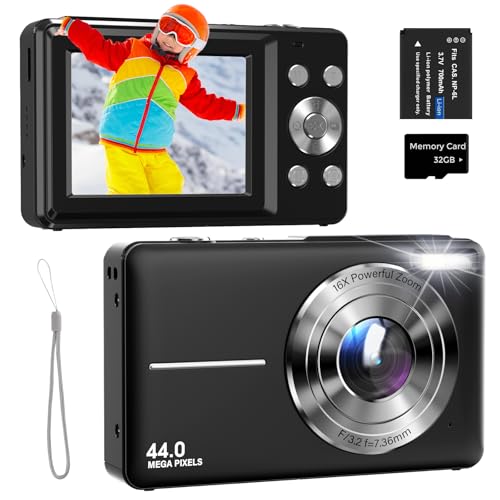 Appareil Photo Numérique 44MP 1080P FHD Appareil Photo Compact avec Zoom Numérique 16X, Écran de 2,4 et Carte 32GB, Une Batterie pour Adolescents, Enfants et Débutants Noir