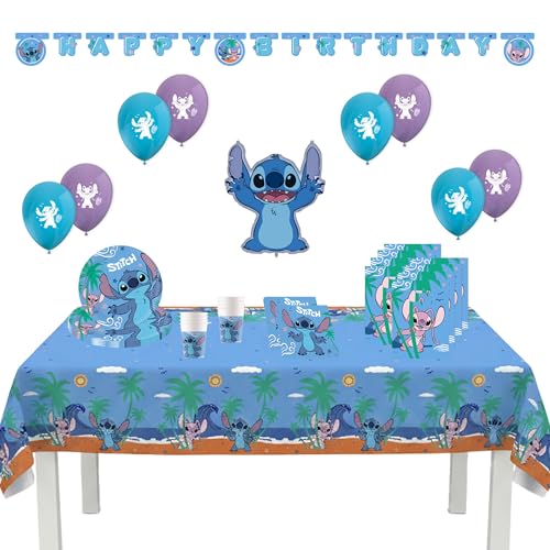 Procos - Décoration d'anniversaire Stitch, set de 55 pièces, contient 8 assiettes en carton, 8 gobelets en carton, 20 serviettes, nappe, guirlande, 8 ballons, un ballon en plastique, 8 sacs de fête