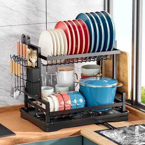 MY HOMIE Double Layer Kitchen Dish Rack, 42x31x33 cm 2 Tier Multifunctional Iron Dish Drying Rack with Drainboard and Utensil Holder Rustproof SpaceSaving Dish Drainer for Kitchen Countertop - Black - Image 3
