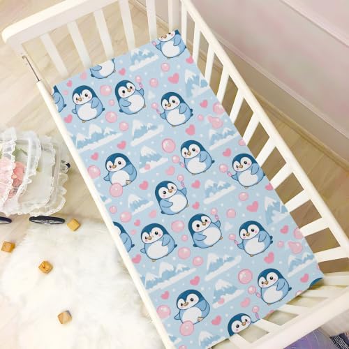 Image of Crib Sheet Breathable Soft Crib Mattress Sheet for Baby Toddler Boys Girls Fitted Pack n Play Crib Sheet Fit Standard Crib Mattress 52 x 28 Inch Blue White Penguin Love Mountain