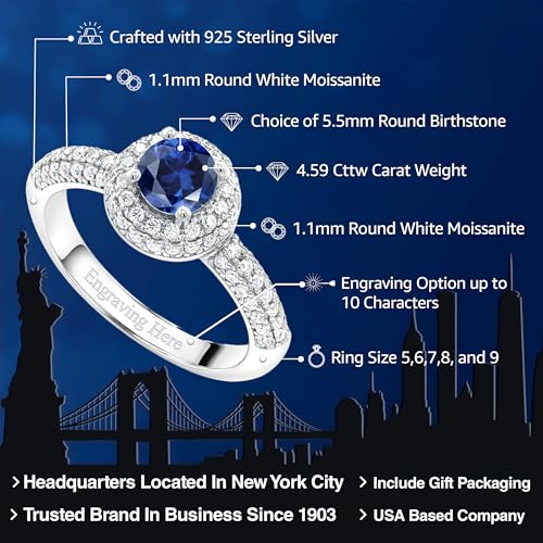 Gem Stone King 925 Sterling Silver Customized Personalized Name Engraving 5MM Round Gemstone Birthstone and White Moissanite Engagement Ring | Wedding Anniversary Promise Ring For Women2