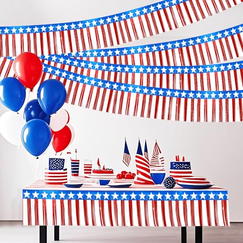 Image of 4 Packs 4th of July 250 Anniversary USA Decor, Red White and Blue Fringe Curtain Tinsel Streamers, Star Flag Hanging Backdrop Banner Table Skirts for Patriotic Party Independence Day