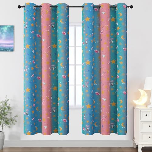 Image of Pink Teal and Blue Star & Moon Blackout Curtains for Girls Bedroom,38Wx72L