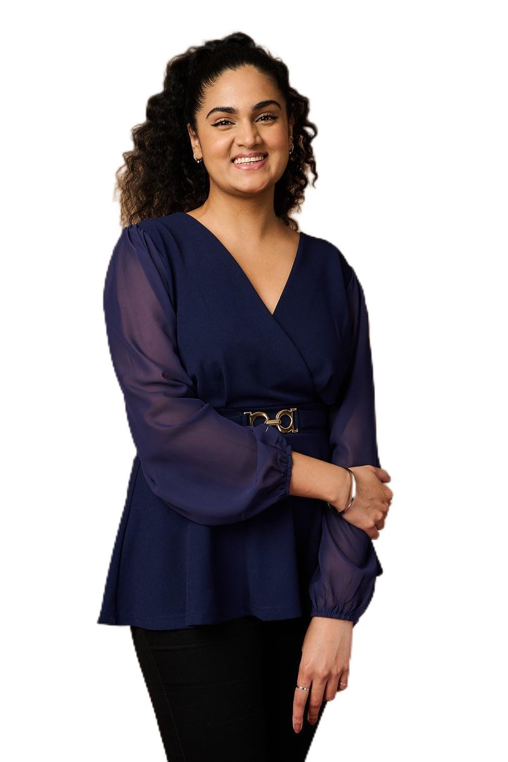 Izabel London Sheer Sleeve Wrap Front Blouse for Women UK with v-Neck, Long Sheer Sleeves and Hip Length Hem. Navy