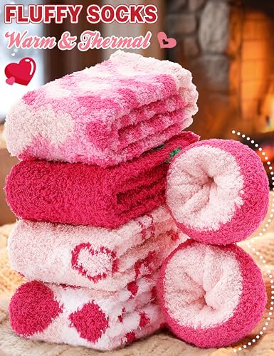 Image of Womens Fuzzy Socks Warm Fluffy Cozy Winter Slipper Thick Fleece Heart Socks 5 Pairs