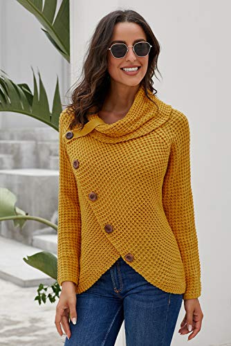 Women's Button Turtle Cowl Neck Sweater Asymmetric Hem Wrap Knitted Pullover Casual Jumper Tops4