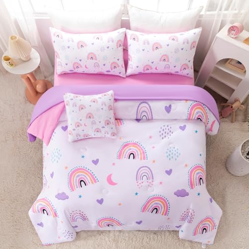 Image of 6 Pcs Girls Queen Bedding Comforter Set, Pink Purple Rainbow Bed in A Bag with Sheets, Moon Herat Print Teen Girl Bed Sets for Bedroom (Rainbow, Queen)