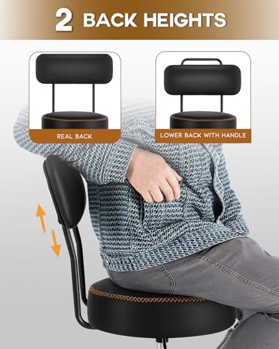 Shop Stool with Lockable Rubber Wheels Adjustable Backrest Tool Tray Storage 400 lb Capacity Rolling Garage Stool (Black)