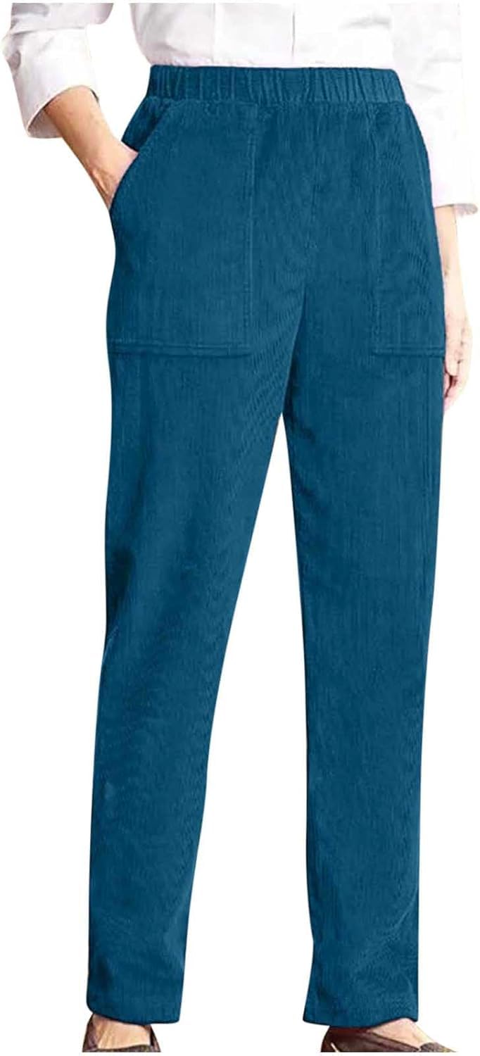 Dsaoteng Women's Blue High Waisted Relax Fit Stretchy Corduroy Trousers-Casual Lightweight Straight Leg Pants With Elastic Waist For Everyday Lounge Office Wear Fall Winter (,L)