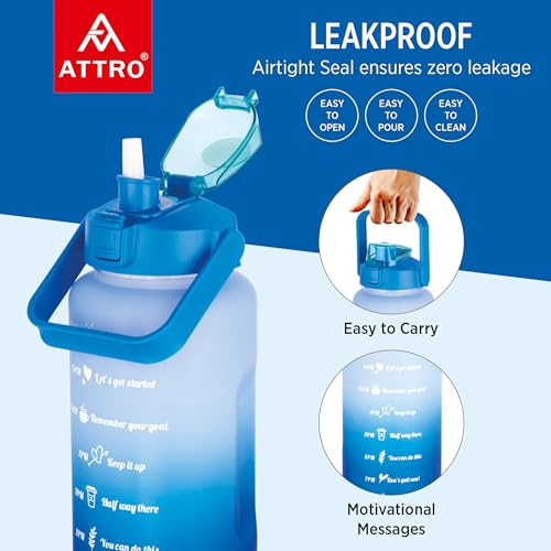 Image of ATTRO Motivational 2 Liter Quotes & Time Marker Dual Colour Sports Bottle With Easy to Carry Handle & Straw BPA Free, Leak Proof for Gym, Office, Workout- Blue Sky Blue, Plastic