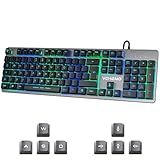 Vehemo Tastiera Gaming(Layout Italiano) Tastiera da Gioco LED Retroilluminata 7 Colori Breathing LED Light con Tasti Multimediali Tastiera Interamente in Metallo Panel 105 per PC
