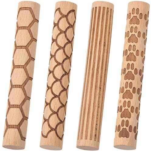 CREATCABIN 4 Rodillo de Madera con Textura de Arcilla Herramientas para Estampar Cerámica con Patrón Hexagonal Y Líneas Rectas para Modelar Cerámica Pintar Manualidades Hechas Mano Bricolaje 10x1.5cm