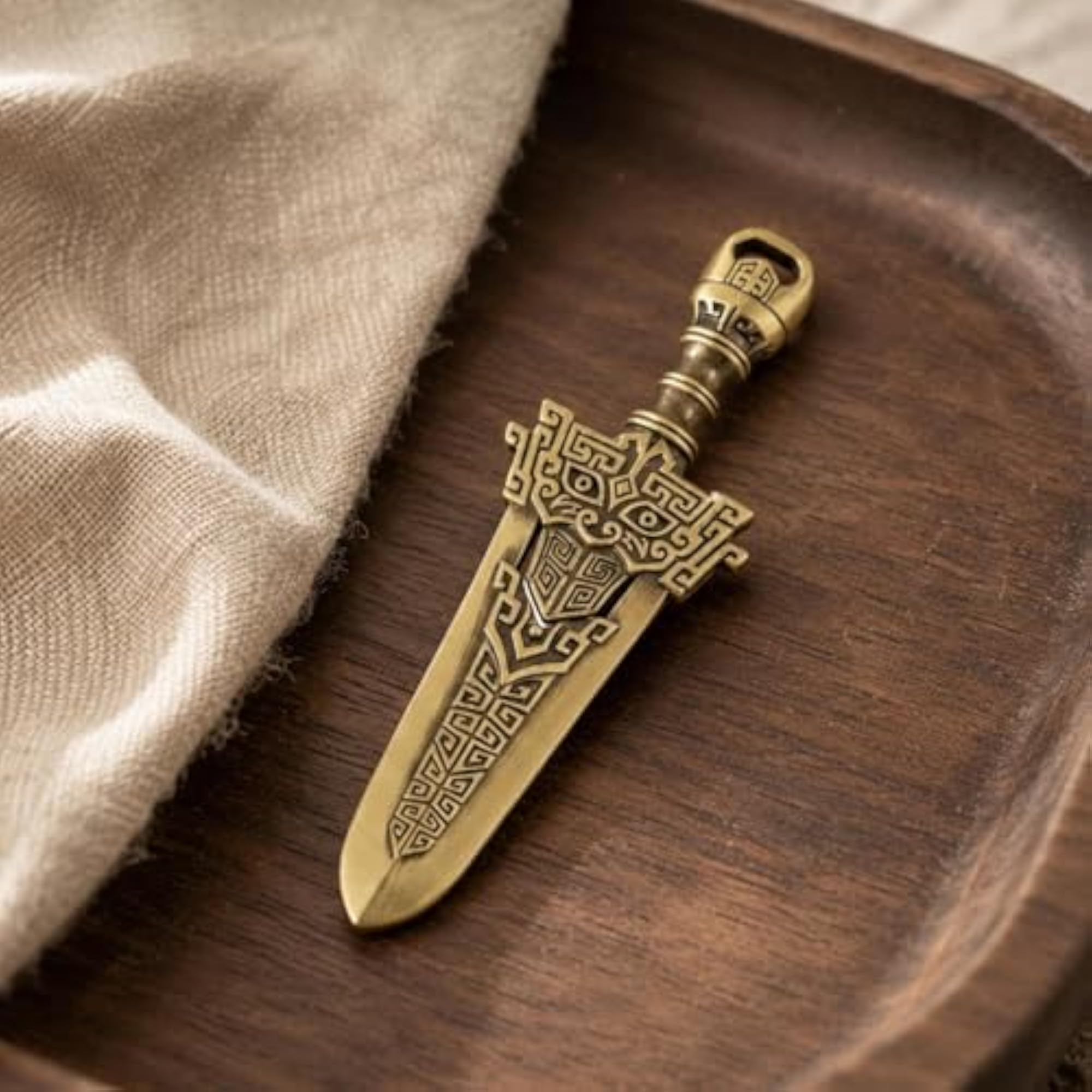 Geometric Engraving Gold Sword Charm with Copper-Ring