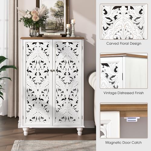 Image of JOINICE 47 inch Tall Accent Cabinet with Carved Doors & Storage for Living Room | Vertical Storage, Carved Floral Design, Mandala White Buffet, Boho /Farmhouse /Rustic Style, Adjustable Shelves, Easy Assembly