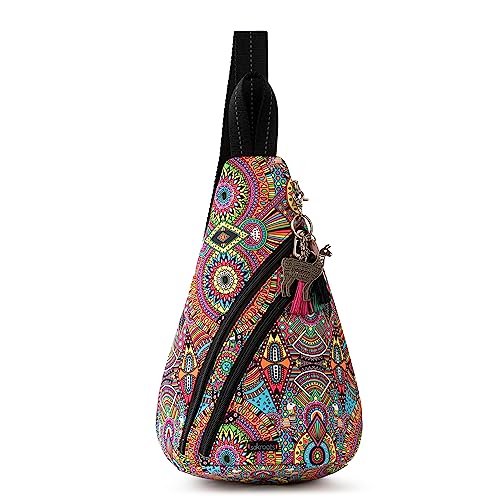 Image of Sakroots On The Go Sling Bag for Women in Eco-Twill, Large Convertible Crossbody Backpack With Main Zipper Closer, Made From Recycled Materials - Rainbow Wanderlust