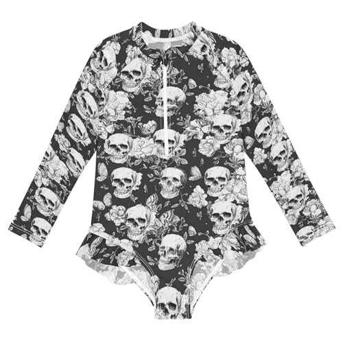 ALAZA Toddler Swimsuit Girl Bathing Suit Swimwear Rash Guard Skull Gothic Vintage Long Sleeve 3T