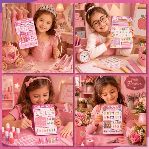 Image of Eaasty 12 Pack Kids Pretend Play Notepads 4x12 Inch,Girls | 6 Career Themes Pink Princess Makeup Nail Hair Flower, 40 Pages per Notepad for Toddlers Imaginative Activity and Learning