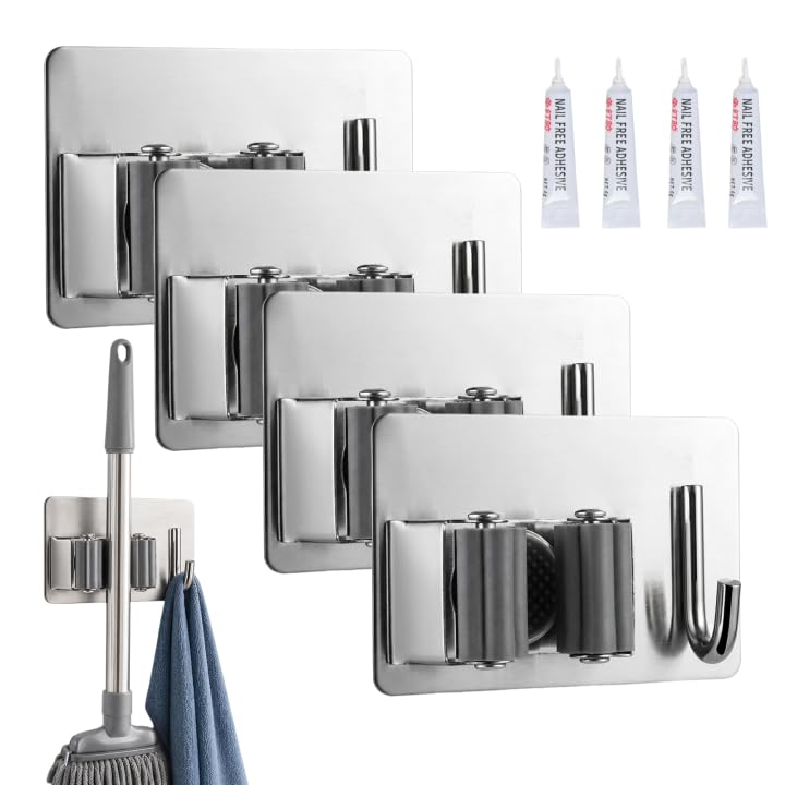 Zirax 4 Pack Stainless Steel Mop and Broom Holder Wall Mounted, Heavy Duty Self Adhesive Brush Organiser with Hooks, No-Drill Storage Solutions for Bathroom, Kitchen, Garage and Garden Tools