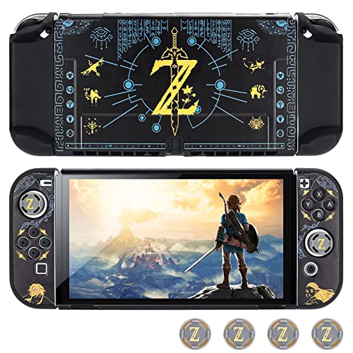 DLseego Zelda Switch OLED, funda protectora rígida acoplable, color negro, a prueba de golpes, con 4 tapones para el pulgar compatibles con Switch OLED nuevo modelo