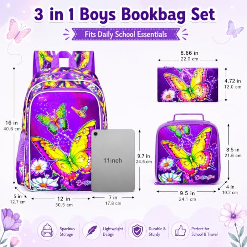 Image of 3Pcs Butterfly Backpack for Girls, 16 inch Kids Bookbag with Lunch Box，School Backpacks for Elementary Preschool Kindergarten (Purple)