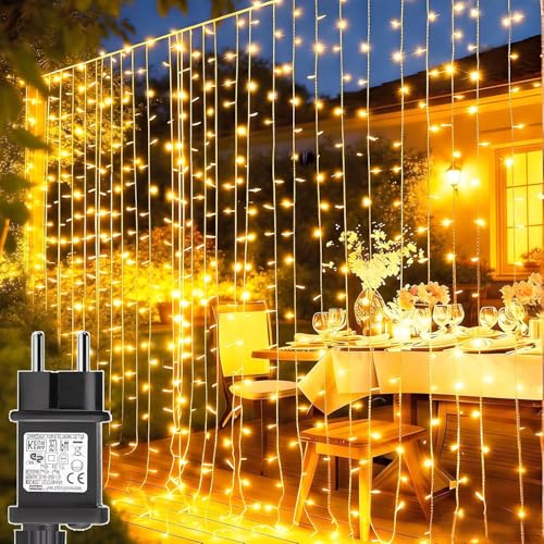 yowin Tenda Luminosa 300 LED 3x3m Luci a Cascata con Spina e Timer, 8 Modalità Catena Luminosa Impermeabile per Esterno e Interno, Decorazioni Casa per Finestra Balcone Matrimonio Festa Giardino
