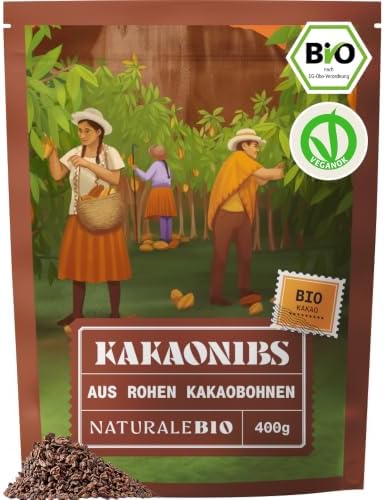 NaturaleBio Bio Kakaonibs, Roh & Knusprig – Schokodrops-Alternative | 400 g. Naturbelassene Kakaonibs aus Theobroma cacao für Smoothies, Bowls, zum Backen und Snacken.