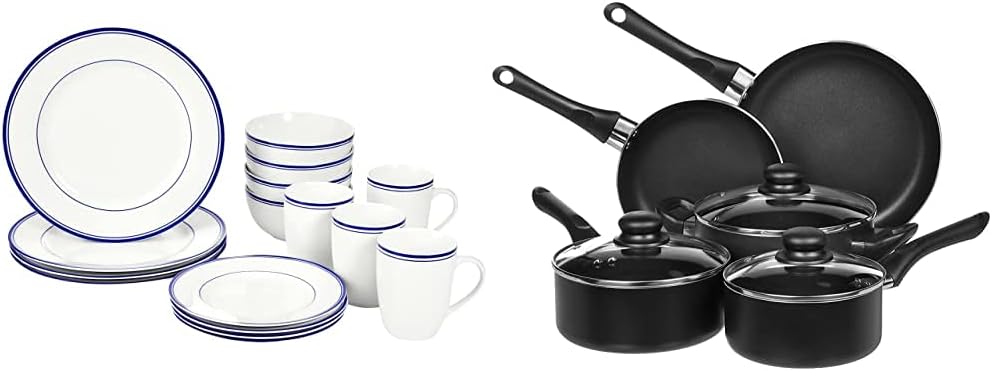  |  Basics 16-Piece Cafe Stripe Kitchen Dinnerware Set, Plates, Bowls, Mugs, Service for 4, Blue & Non-Stick Cookware Set, Pots and Pans - 8-Piece Set: Dinnerware Sets
