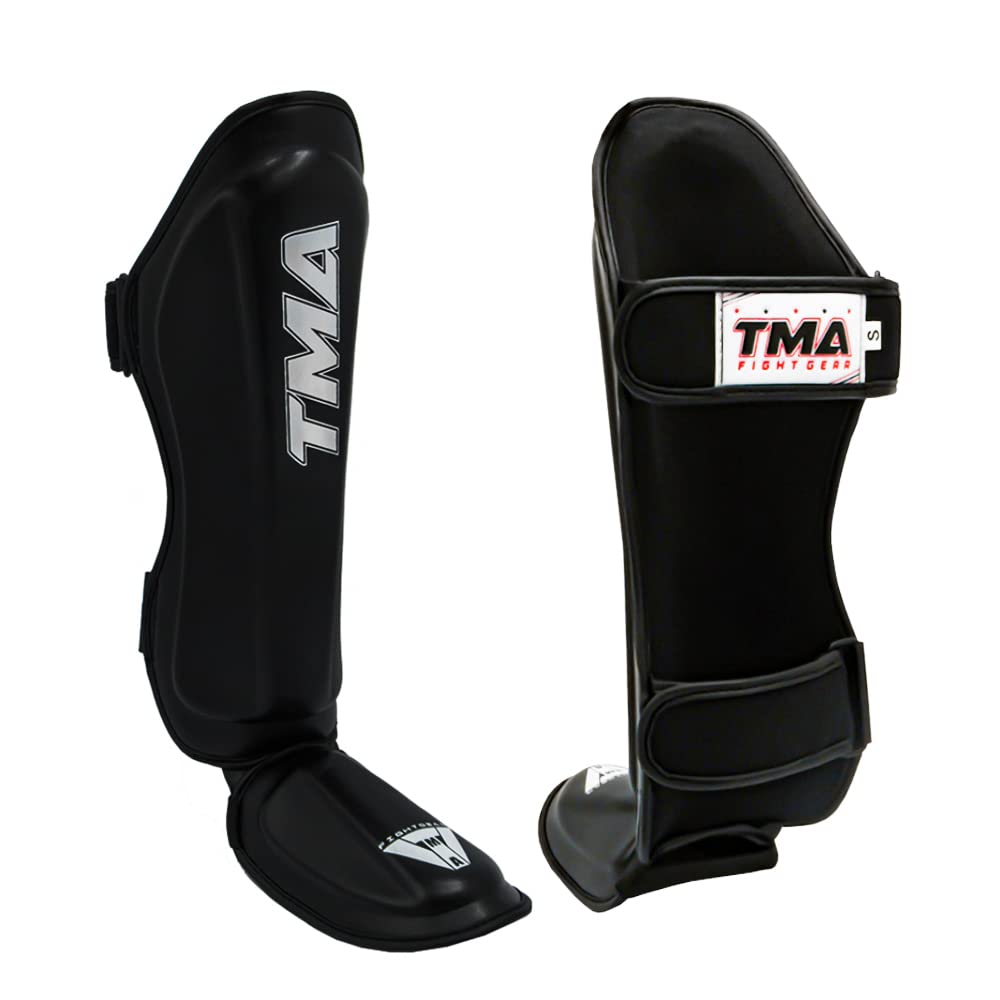 TMA Shin Guards Kickboxing Muay Thai, Premium Maya Hide Leather, Leg Instep Protection Pads, MMA Martial Arts Kicking Sparring Training Gear, BJJ Karate Boxing Taekwondo (X-Large, Black)