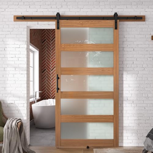 SmartStandard 40 x 84 in Glass Barn Door with 7FT Sliding Hardware Kit & Handle, Pre-Drilled Ready to Assemble, Waterproof PVC Coating, White, 5-Panel Glass