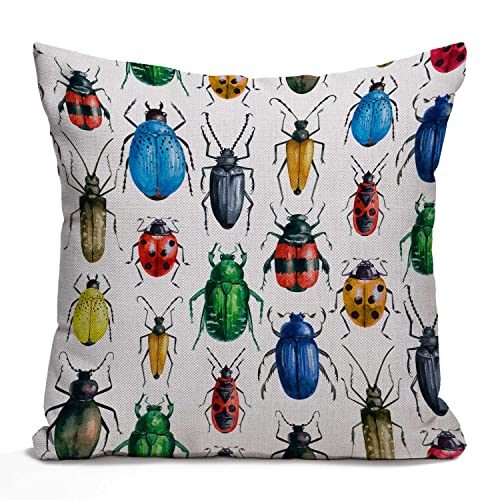 Nphuriy Beetles Pillow Cover,Decorative Throw Pillow Beetle Watercolor Hexapod Bug Pillow Cases Cotton Linen Outdoor Indoor Square Cushion Covers for Home Sofa Couch 16x16 inch Colorful