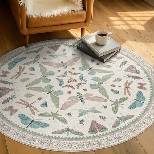 Insect Light Green 5ft Round Area Rug for Living Room - Washable Floral Fun Kids Rugs for Bedroom, Playroom, Boho & Butterfly Design - Low Pile Soft C