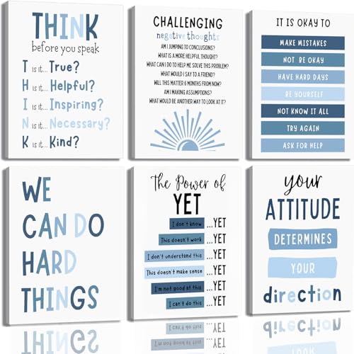 6Pcs Framed Blue Inspirational Quotes Kids Affirmation Wall Art Prints,Positive