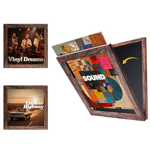 UXENI 2 Stück Schallplatten Aufbewahrung Wand Vinyl Wandhalterung mit Acrylglas Hochwertiger Vinyl Bilderrahmen aus Holz Ideal für Musikliebhaber & Sammler Walnuss