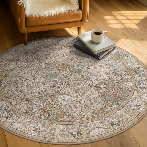 Boho 4ft Circle Area Rugs for Living Room, Oriental Floral Style Round Rug for Kitchen, Bedroom Beside Bed - Non Slip with Rubber Backing, Washable Low Pile Stain Resistant Carpet (Moss Green) by Hazo Haus - Used condition - US$31.99
