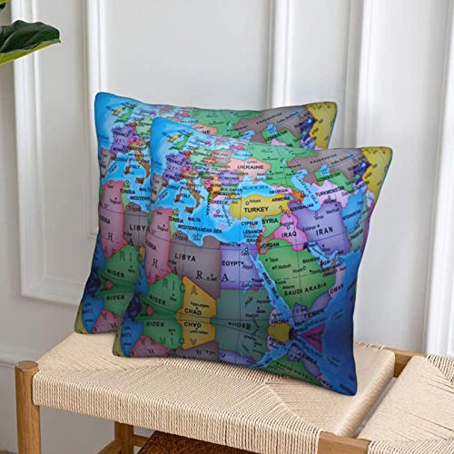 2Pcs Throw Pillow Covers Set,Multicolored Globe Map Double Size Printed Pillow Cases,Square Home Pillowcase Protector For Decorative Soft Cushion Cover 18 X 18 Inch #TOP3