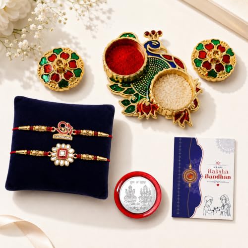 Image of Oblivion Rakhi Combo Set of 7 - Multicolor Designer Rakhis with Silver Pooja Thali, Roli Chawal, Silver Coin and Greeting Card for Raksha Bandhan Brother Gift