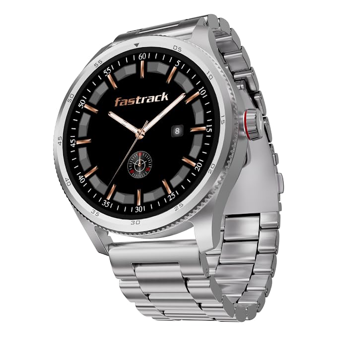 Image of Fastrack Magnus FX1 1.38 inch Display Metal Case Smart Watch with Single Sync BT Calling, Functional Crown, 100+ Sports Modes, Health Tracking, in-Built Games - Smartwatch for Men (Silver)