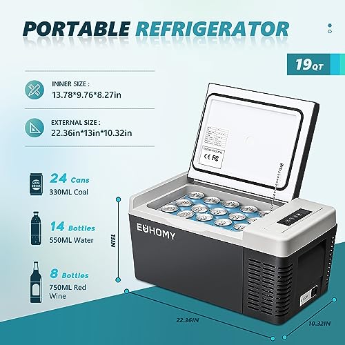 EUHOMY 12 Volt Refrigerator, 19QT(18L) Compressor Electric Cooler APP Control, Car Fridge -4?~68?, Portable Refrigerator 12/24V DC 110-240V AC, Portable Freezer for Camping, Travel, Boat