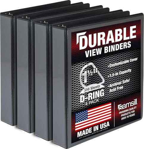 Image of Samsill Durable 1.5 inch 3 Ring Binder, D Ring Binder, 100% Recycled Chipboard, Black, 4 Pack