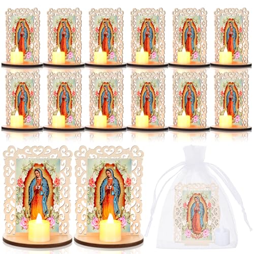 Marcos de fotos de Virgen de Guadalupe de madera y velas sin llama para mesa