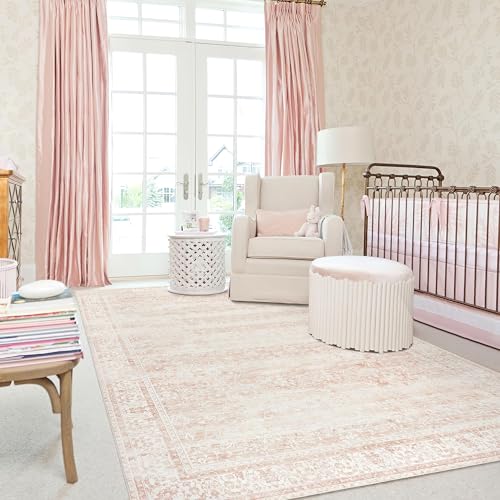 Image of Pink Area Rug for Living Room Soft Washable Faux Wool Neutral Boho Floral Big Nursery Bed Bedroom Livingroom Carpet Size Extra Large Area Rugs 8x10