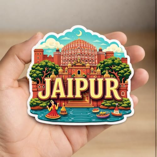 Image of Naxon Jaipur Pink City Theme Souvenir Wooden Fridge Magnet | Hawa Mahal, Amber Fort Rajasthan Design 3x3 Inch Refrigerator Magnet for Kitchen & Home Decor | Travel Gift from Jaipur | Pack of 1