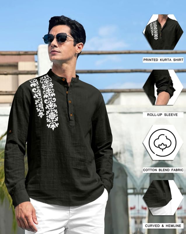 Image of FINIVO FASHION Men's Cotton Blend Short Kurta Shirt | Casual Ethnic Wear with Roll-Up Sleeves & Mandarin Collar | Comfortable Fit Tunic for Festive, & Summer Outings