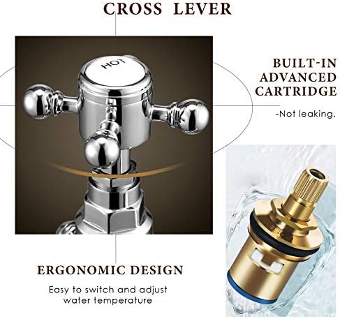 Wasserrhythm Basin Taps Pair Mixers Waterfall Victoria Traditional Bathroom Sink Taps Mixer in Pair Classic Cross Lever Chrome Brass