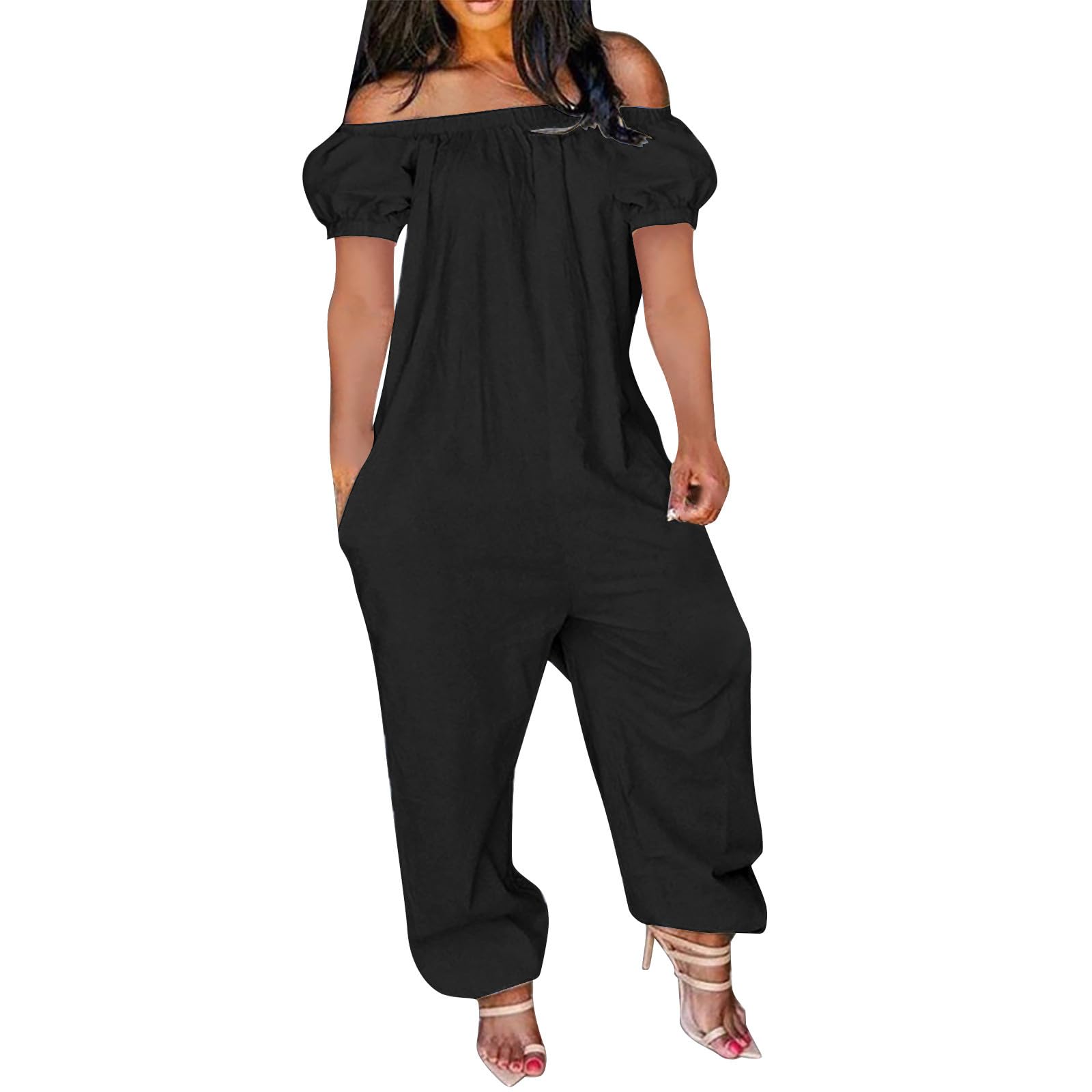 Jumpsuit Femme -Combinaison Été confortable Stretch tirer sur épaule taille haute jambe large pantalon longue mobarboteuse