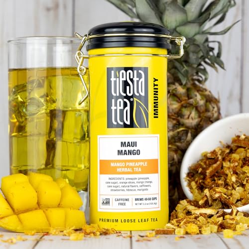 Image of Tiesta Tea - Maui Mango Tin & Infuser Starter Set, Loose Leaf, Premium Herbal Blend, Non-Caffeinated Hot & Iced, 6oz Refillable Tin and 16oz Brewmaster Coffee Bottom Dispensing Tea Infuser